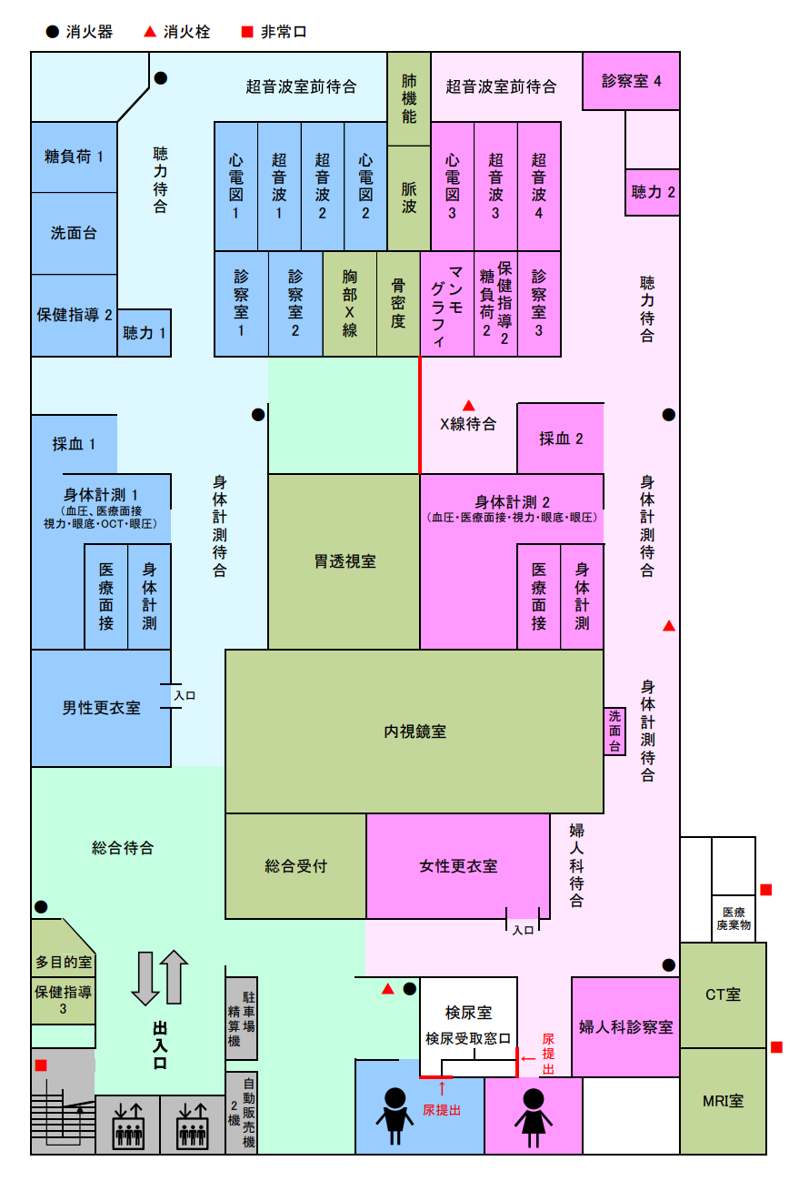 施設フロアマップ。総合受付、更衣室、各検査室、CT室、MRI室の配置